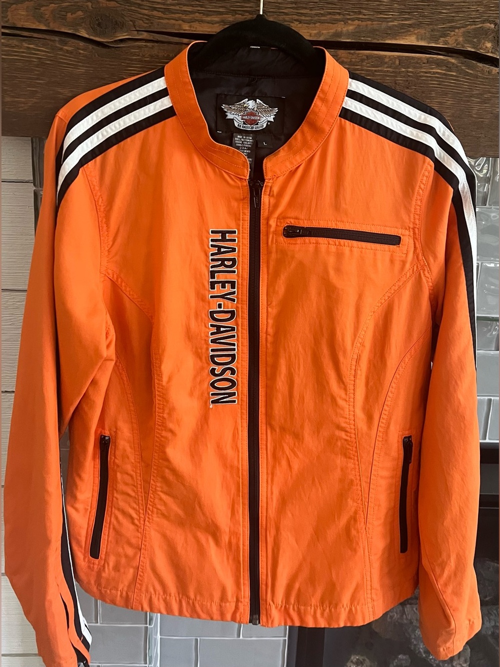 Harley Davidson Womens Large Motorcycle Riding Jacket Orange Softshell Zip